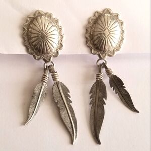 Vintage earrings Sterling Silver shield post Feather dangles 925 old pawn